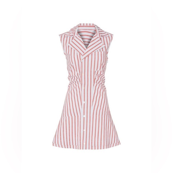 DEREK LAM 10 CROSBY Women’s Blue Red Striped Ruffle Placket  Mini Shirtdress 10 - Picture 2 of 16